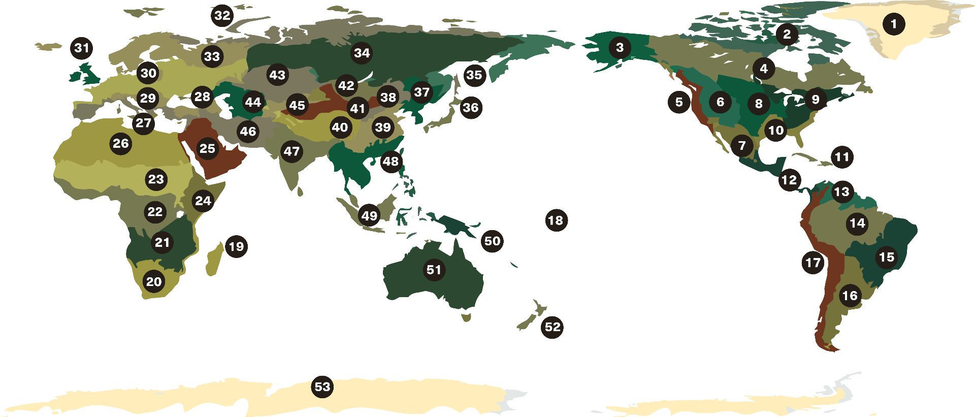 Map of the Earth's 52 Bio-Cultural Territories with numbered markers