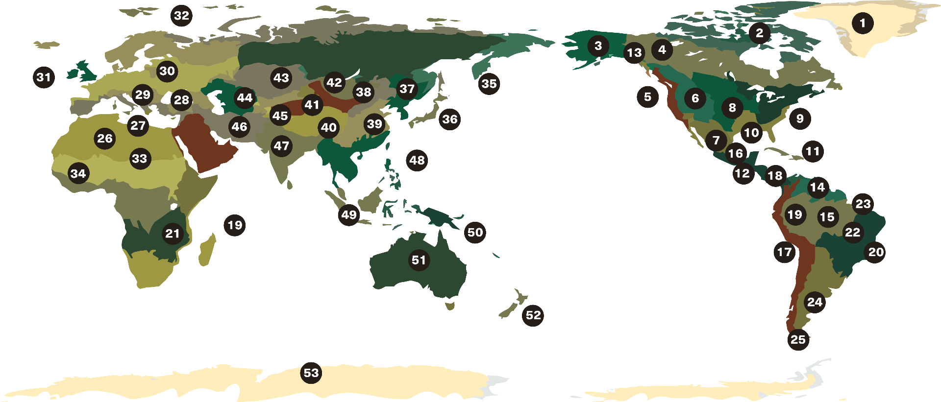 Map of the Earth's 52 Bio-Cultural Territories with numbered markers