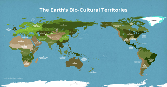 Map of the Earth's 52 Bio-Cultural Territories with numbered markers